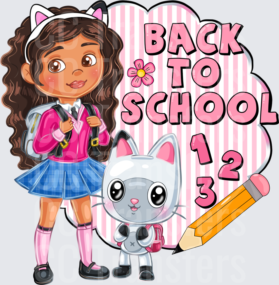 Curly Hair Girl with Cat Back To School 123 (DTF)