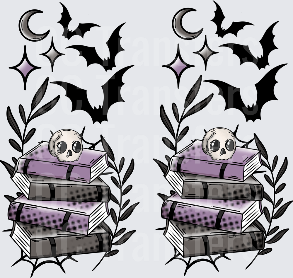 Gothic Skull Stack of Books Bats Crescent Moon Botanicals (DTF)