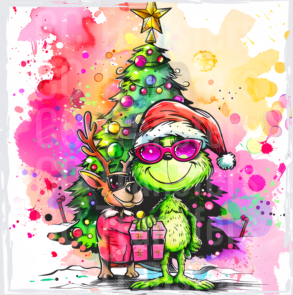 Grinchy Green Creature Santa Hat Reindeer Christmas Tree DTF