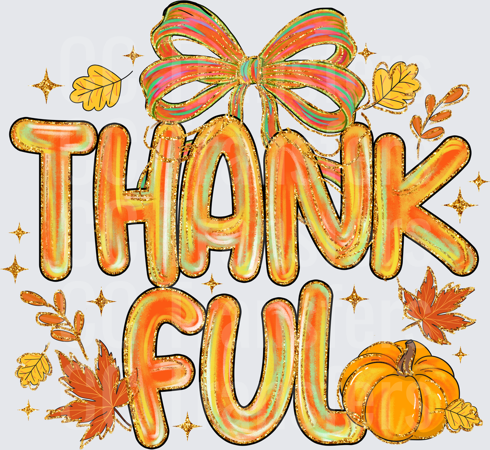 Thankful Glitter Bow Pumpkin Fall Leaves Thanksgiving (DTF)