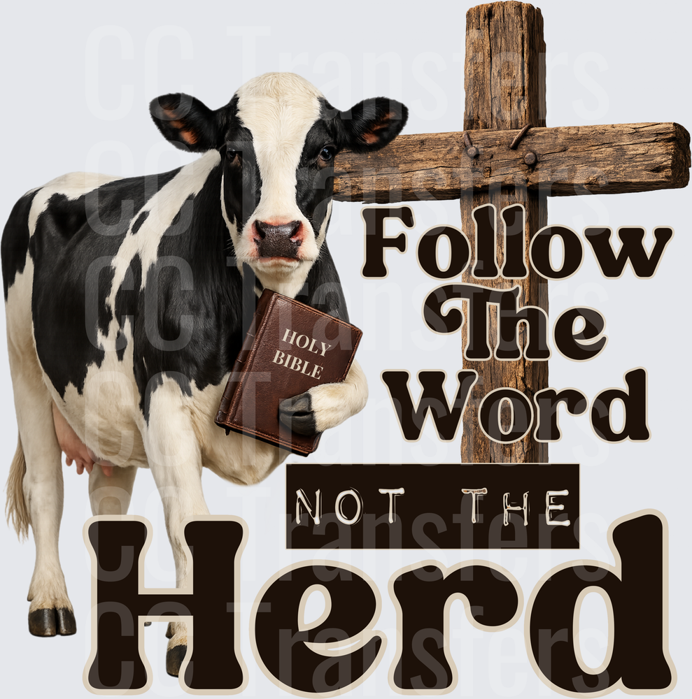 Follow The Word Not The Herd Cow with Bible Cross (DTF)