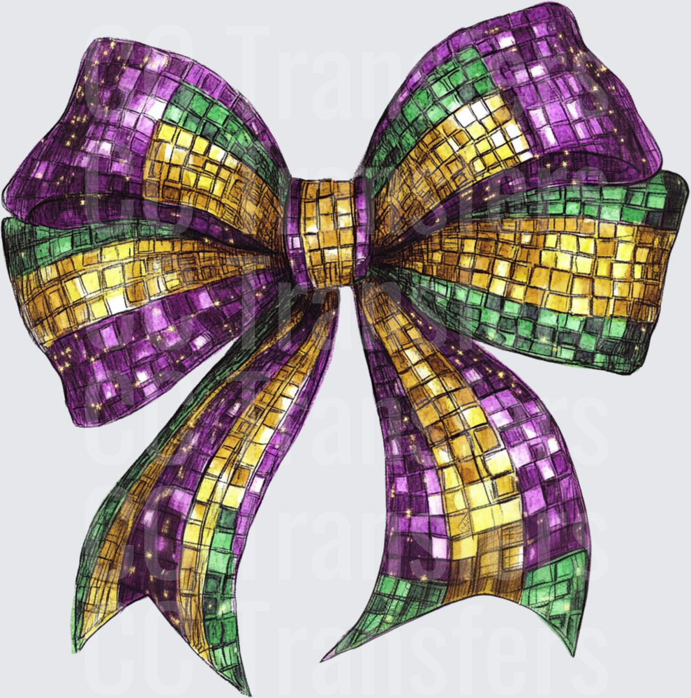 Mardi Gras Glitter Mosaic Bow Purple Gold Green (DTF)