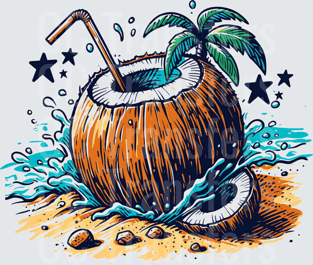 Tropical Coconut Drink on Sandy Beach with Palm Tree (DTF)