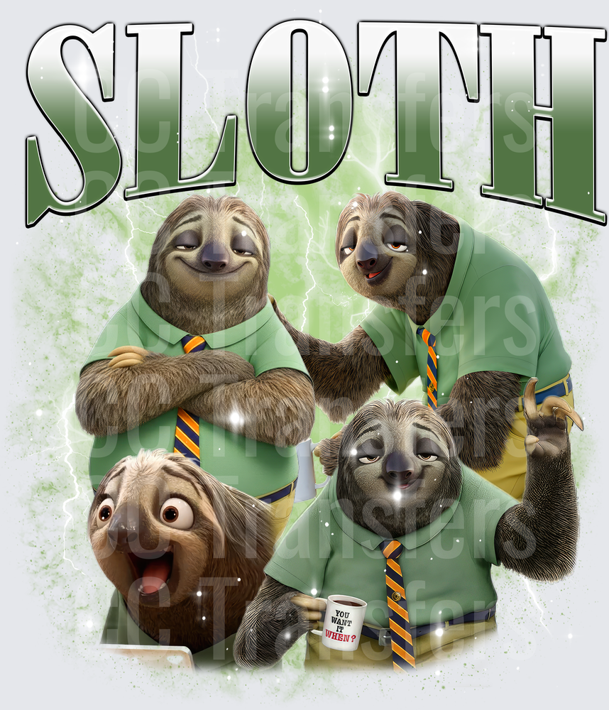 Sloth Character Multi-Pose Green Shirt Tie Collage (DTF)