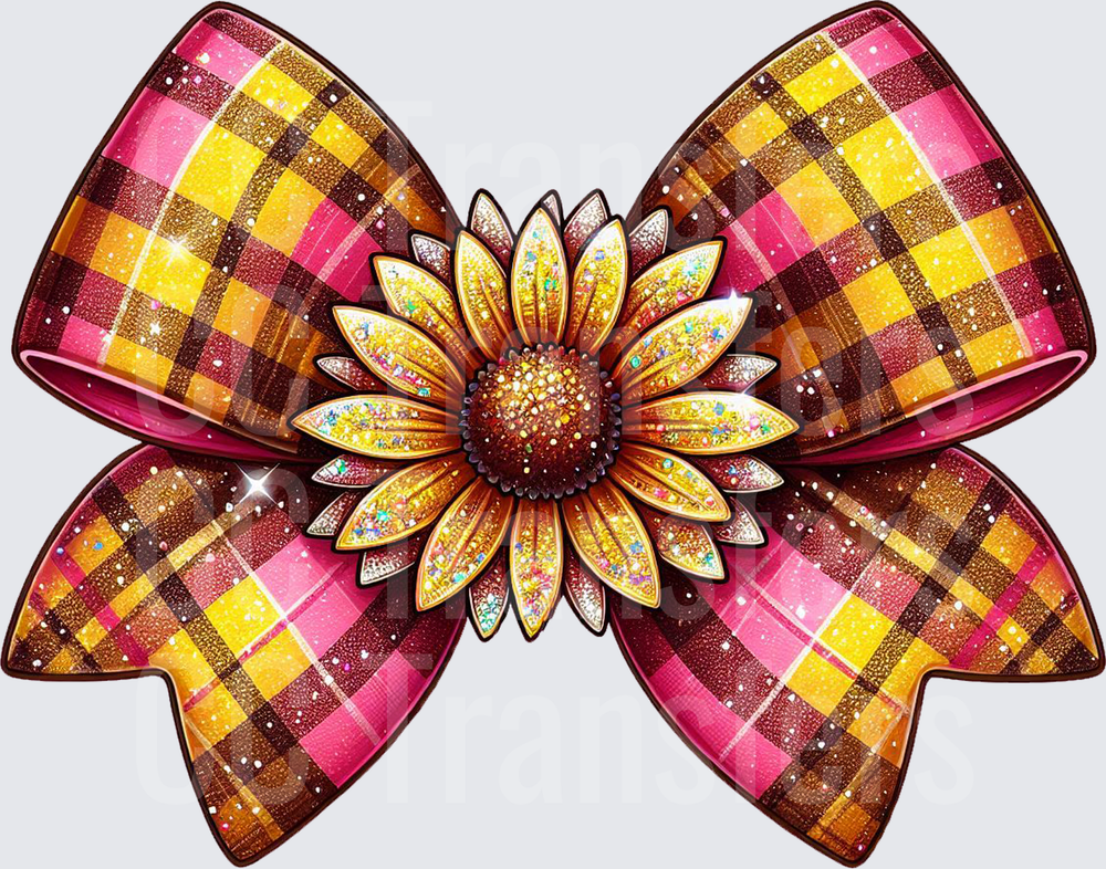 Glitter Plaid Bow with Sunflower Center (DTF)