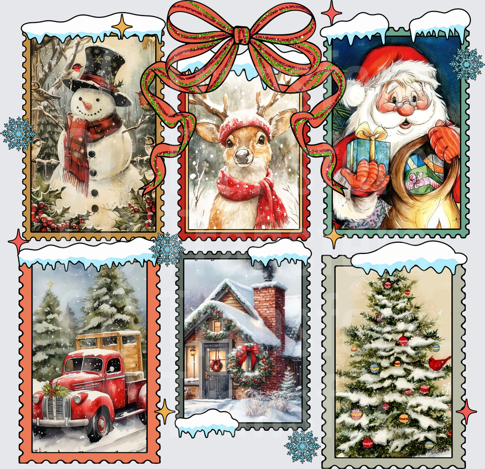 Vintage Christmas Postage Stamp Collage Holiday Scene (DTF)