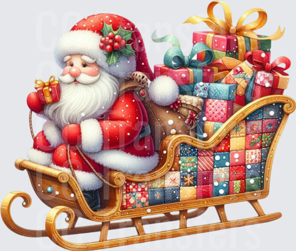 Jolly Santa Riding Colorful Gift-Filled Golden Sleigh (DTF)