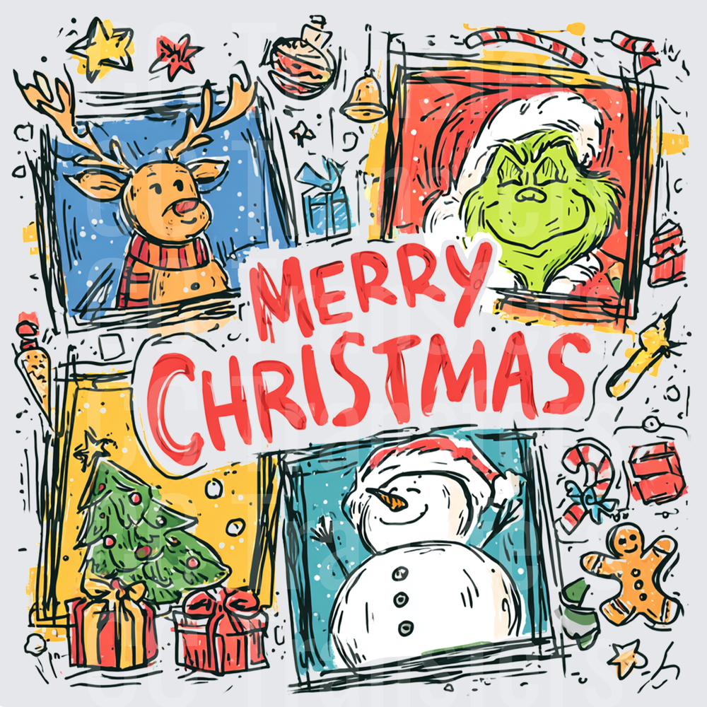 Merry Christmas Sketch Collage Holiday Characters (DTF)
