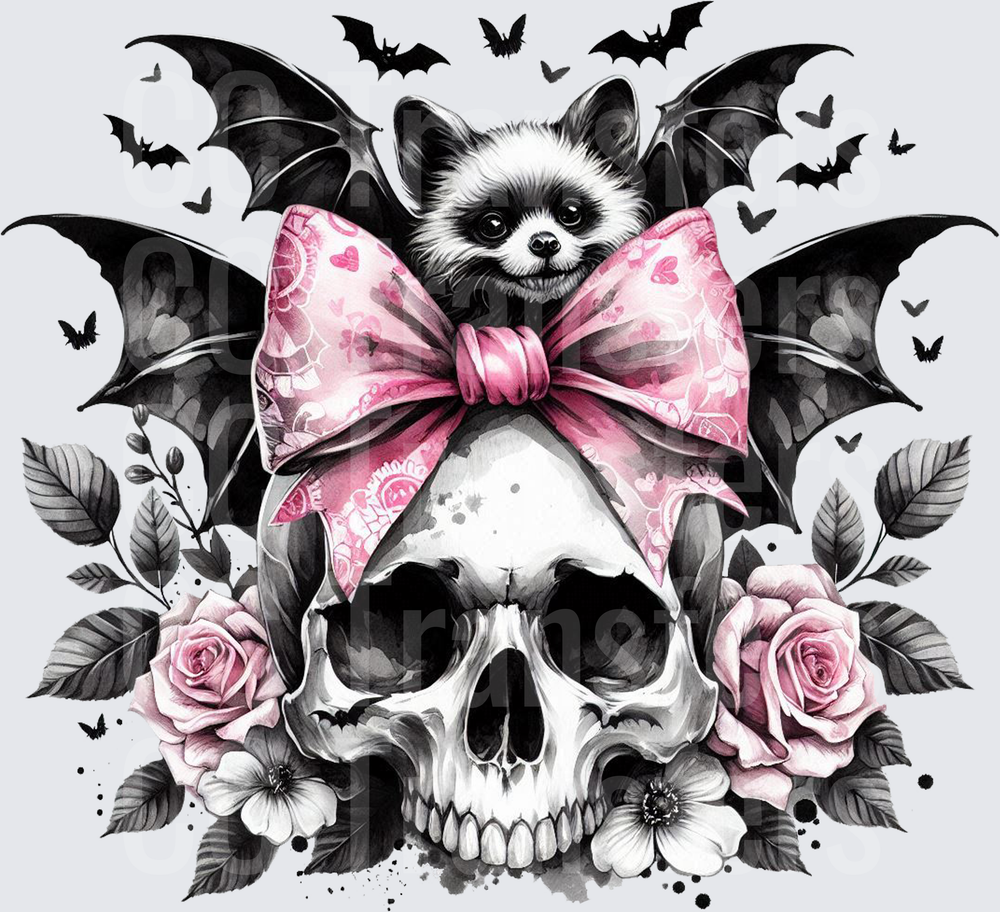 Gothic Raccoon Skull Pink Bow Bats Roses (DTF)