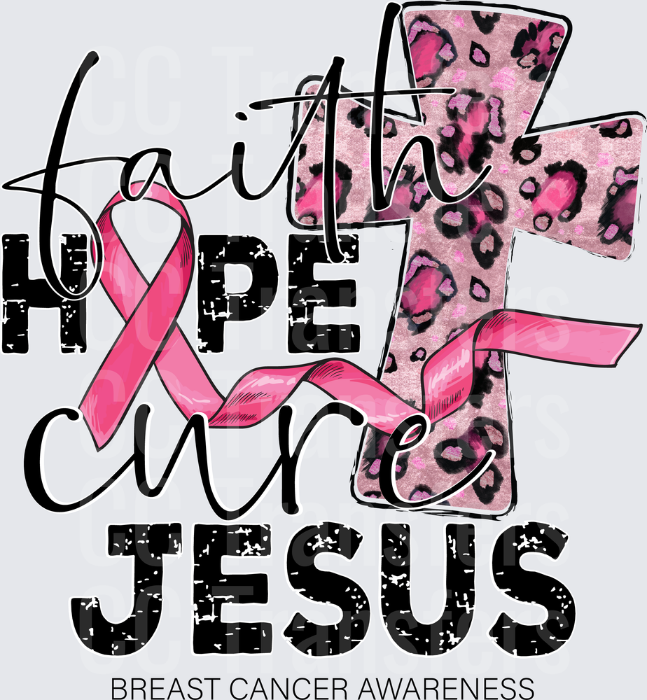 Faith Hope Cure Jesus Breast Cancer Awareness Cross (DTF)