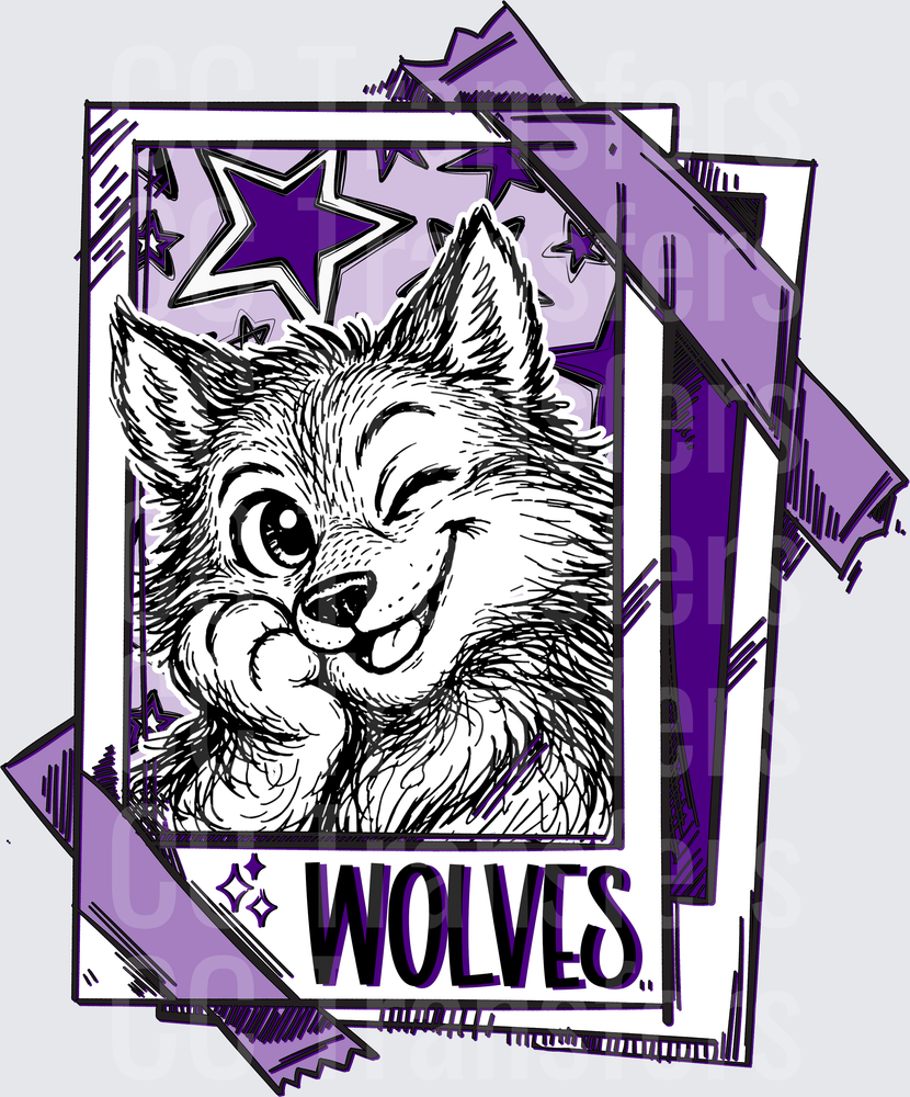 Smiling Wolf Portrait Purple Stars Polaroid Frame WOLVES DTF