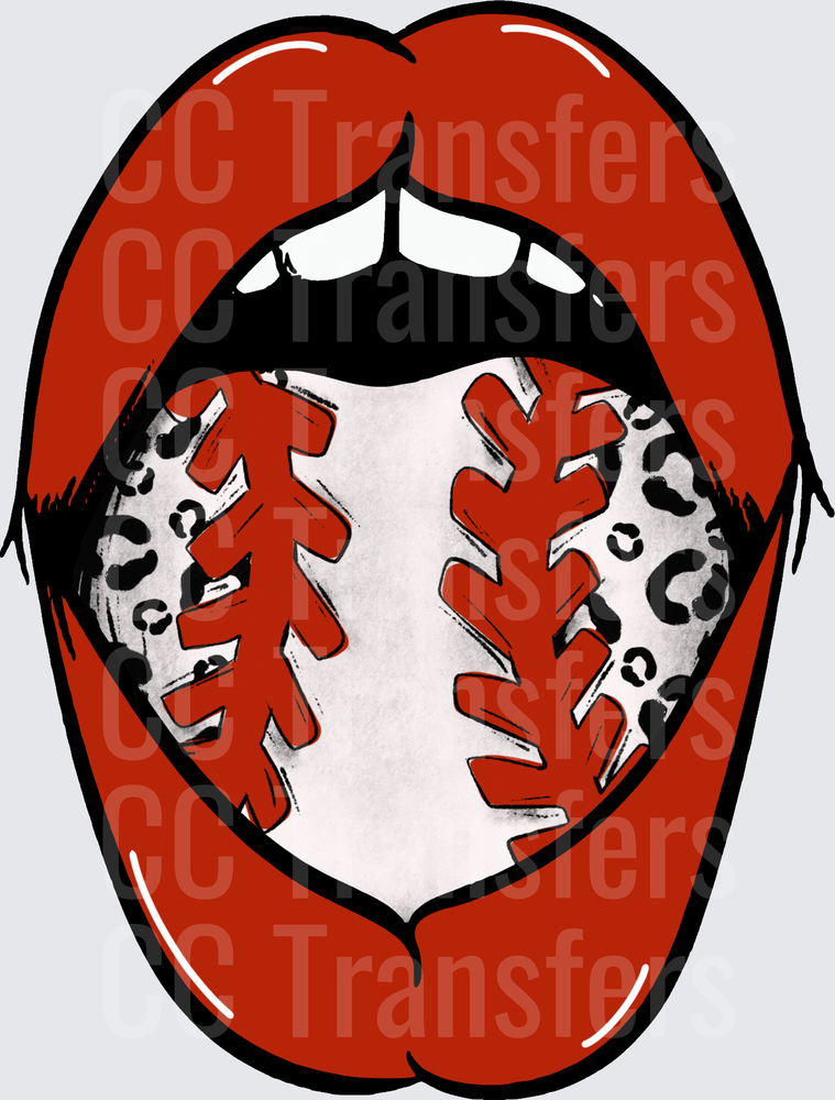 Bold Red Lips With Leopard Print Baseball Tongue (DTF)