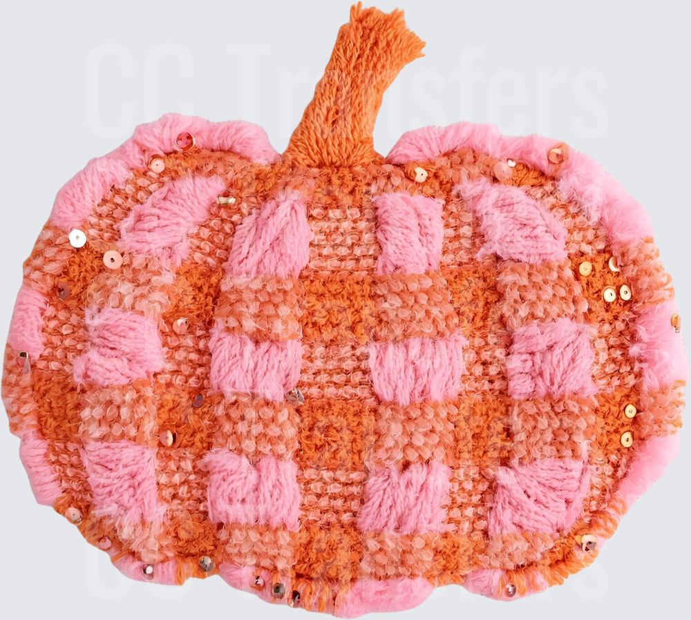 Pink Orange Plaid Sequin Yarn Pumpkin (DTF)