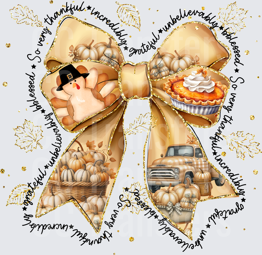 Thanksgiving Gold Bow Pumpkin Turkey Pie Truck Grateful DTF