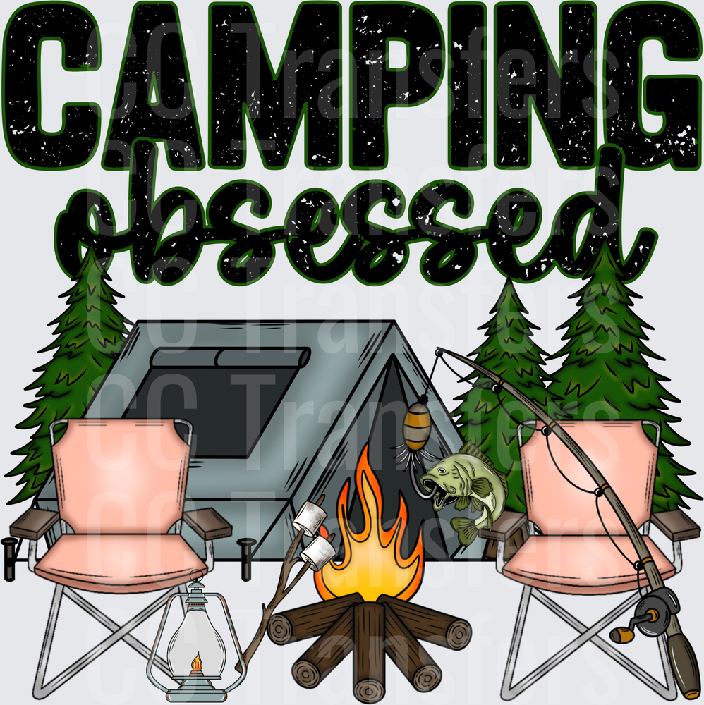 Camping Obsessed Tent Campfire Fishing Outdoor Scene (DTF)