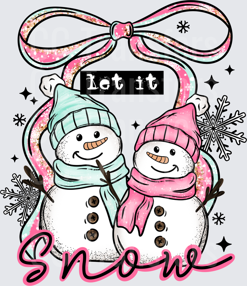 Let It Snow Snowman Couple Pink Mint Bow Winter (DTF)