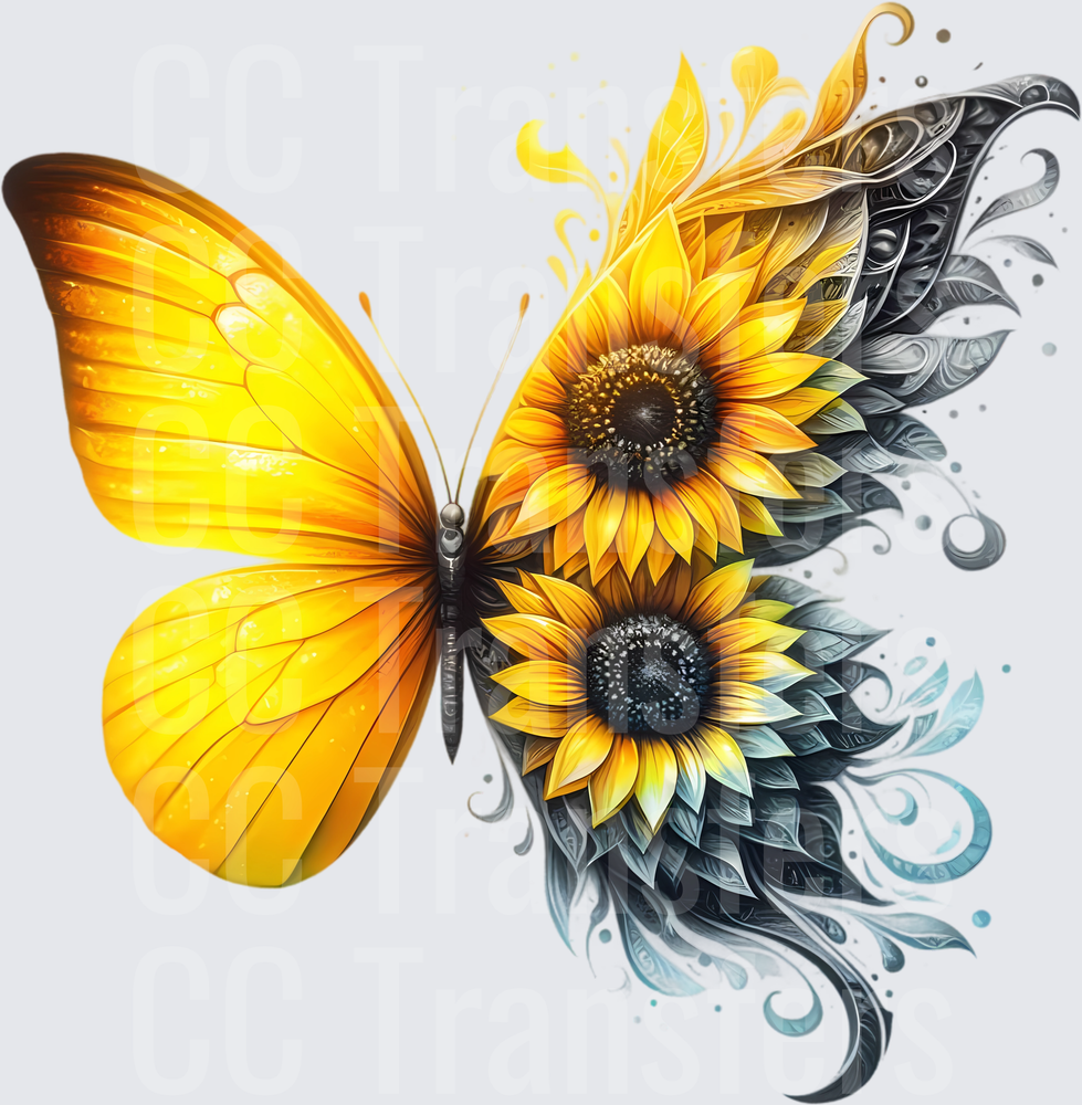 Golden Butterfly with Sunflower Wings Floral Swirl Art (DTF)