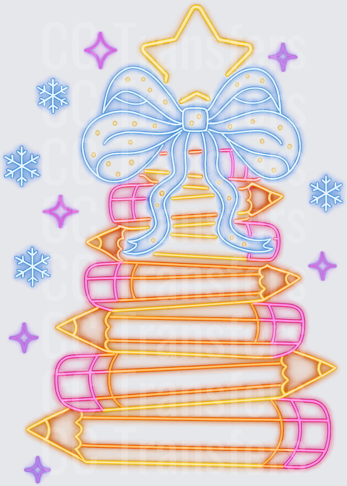 Neon Pencil Stack Christmas Tree with Bow and Star (DTF)