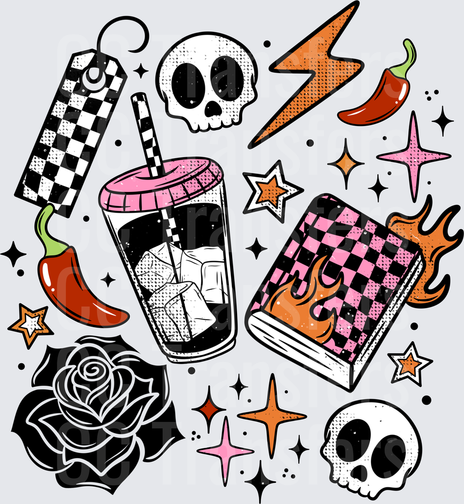 Edgy Punk Skull Rose Iced Coffee Checkered Flash Sheet (DTF)