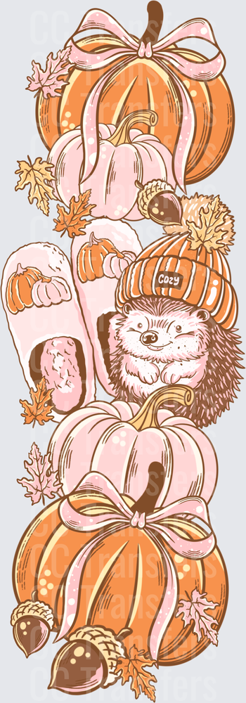 Cozy Fall Hedgehog Pumpkin Stack with Autumn Leaves (DTF)