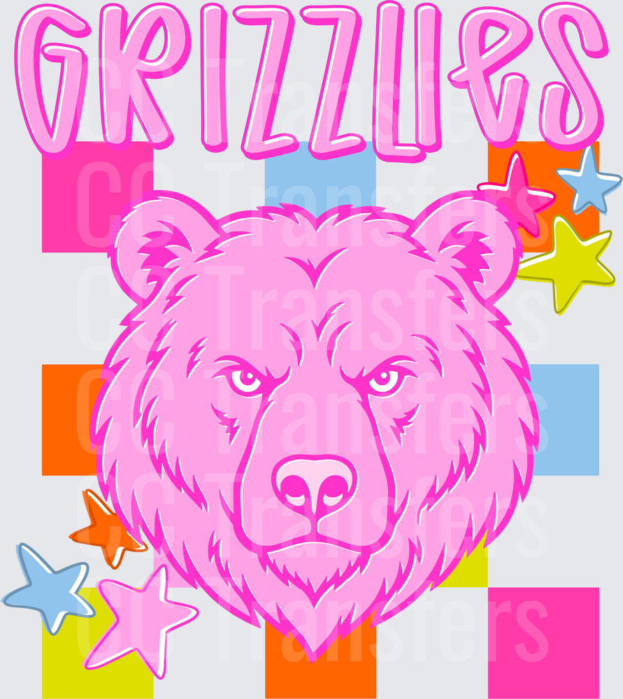Pink Grizzlies Bear Head Colorful Checkerboard Stars (DTF)