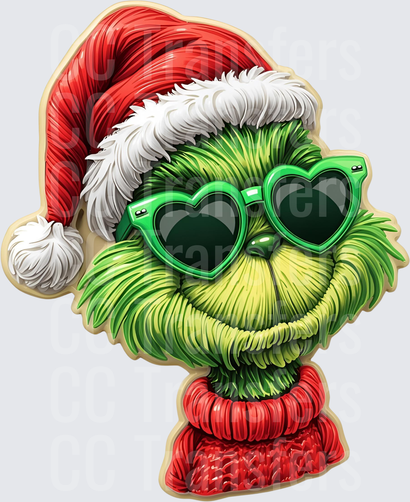 Fuzzy Green Christmas Creature Heart Sunglasses Santa Hat (DTF)