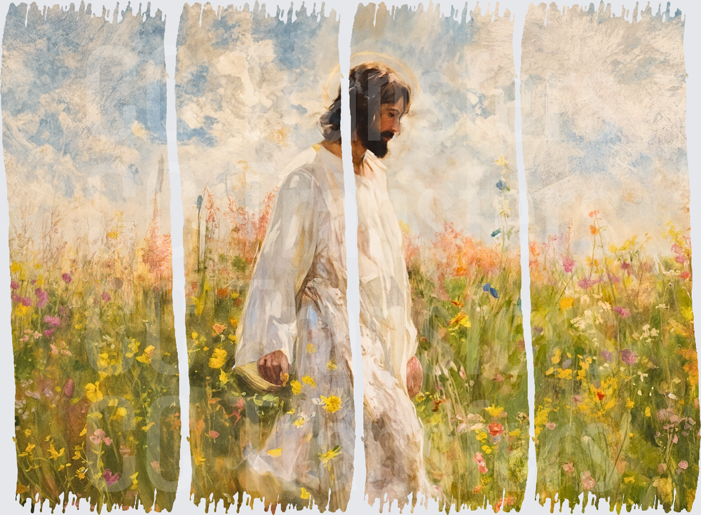 Watercolor Jesus Walking Through Wildflower Meadow (DTF)