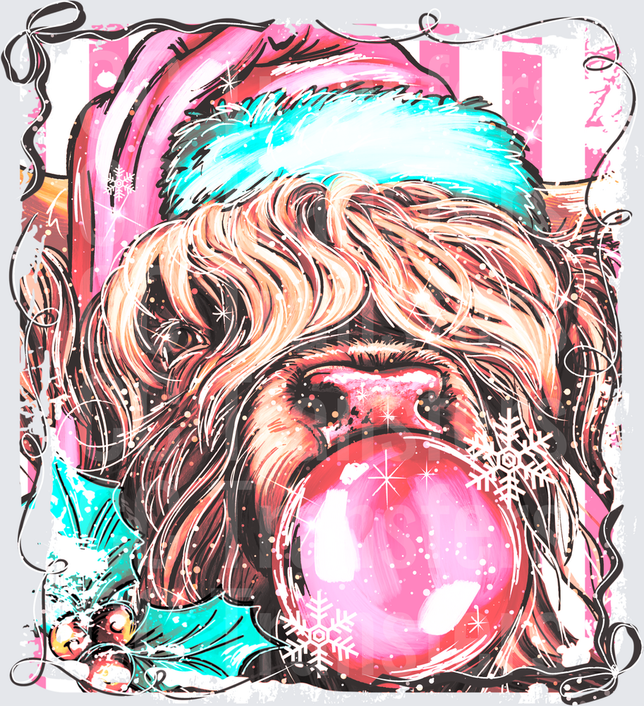 Fluffy Doodle Dog Santa Hat Bubblegum Snowflakes Christmas (DTF)