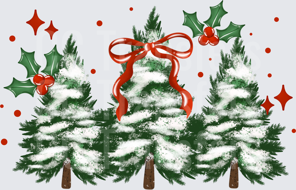 Three Snow-Covered Pine Trees Red Bow Holly Berries (DTF)