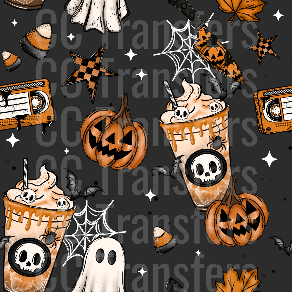 Spooky Halloween Pattern Pumpkins Ghosts Skulls Drinks (DTF)