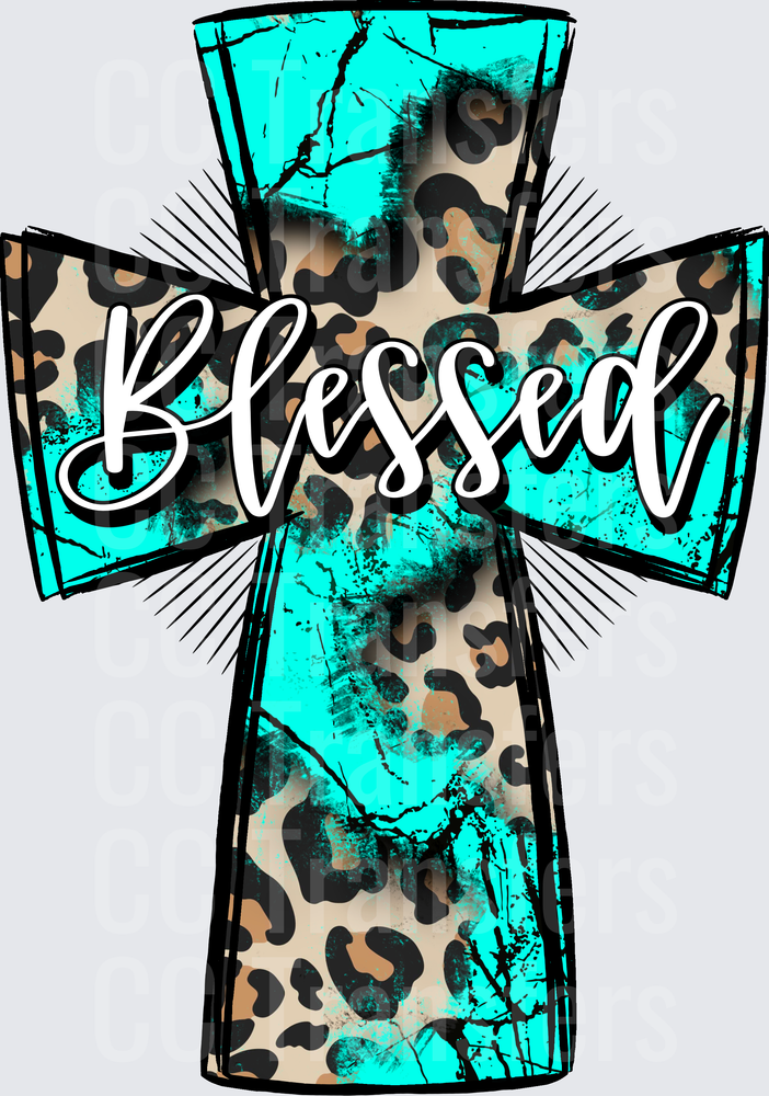 Blessed Cross Turquoise Leopard Print Grunge (DTF)