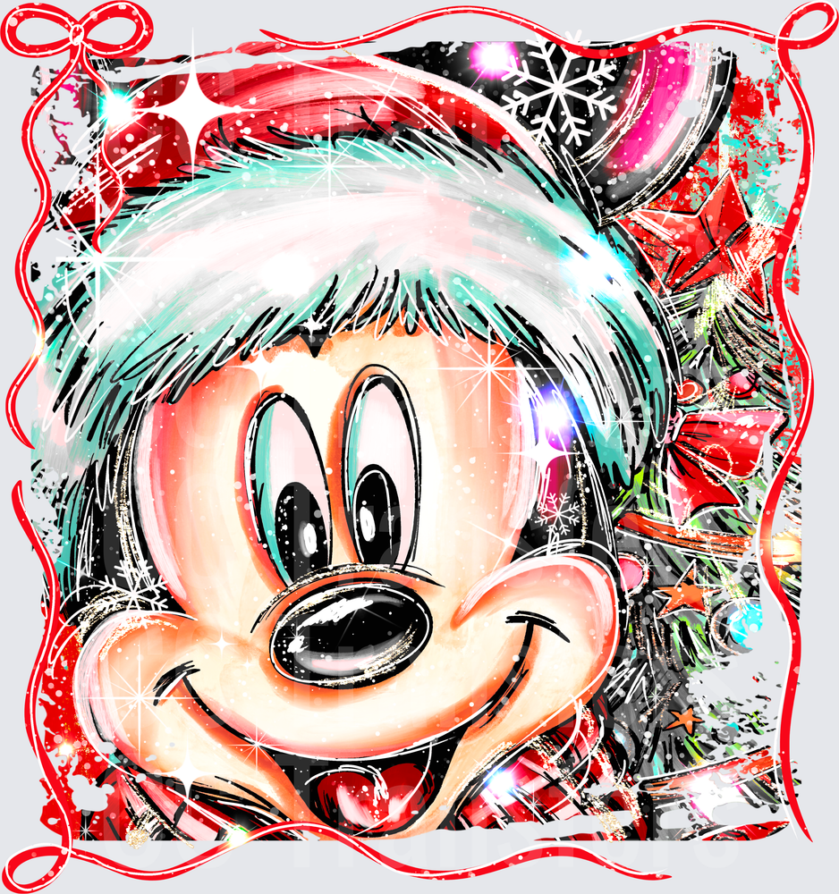Cartoon Mouse Santa Hat Christmas Sparkle Holiday (DTF)