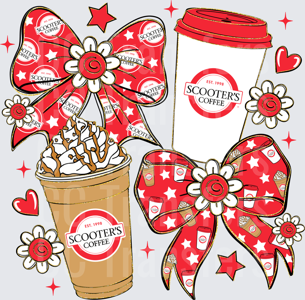 Red Bow Coffee Cup Collage with Stars and Flowers (DTF)
