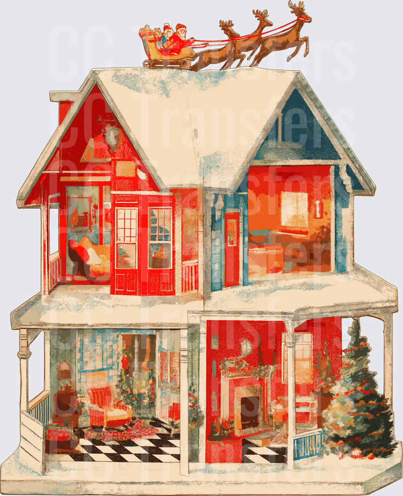Vintage Christmas Dollhouse Cutaway Santa Sleigh Roof DTF