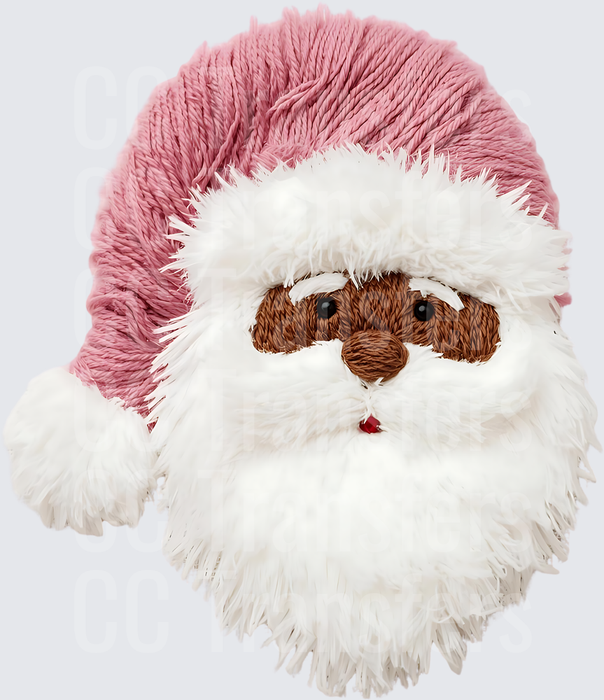 Fluffy Yarn Santa Face Pink Hat Dark Skin (DTF)