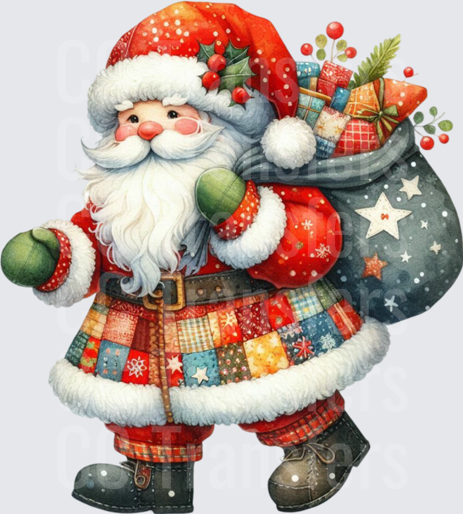 Whimsical Watercolor Santa with Patchwork Coat & Gift Sack (DTF)