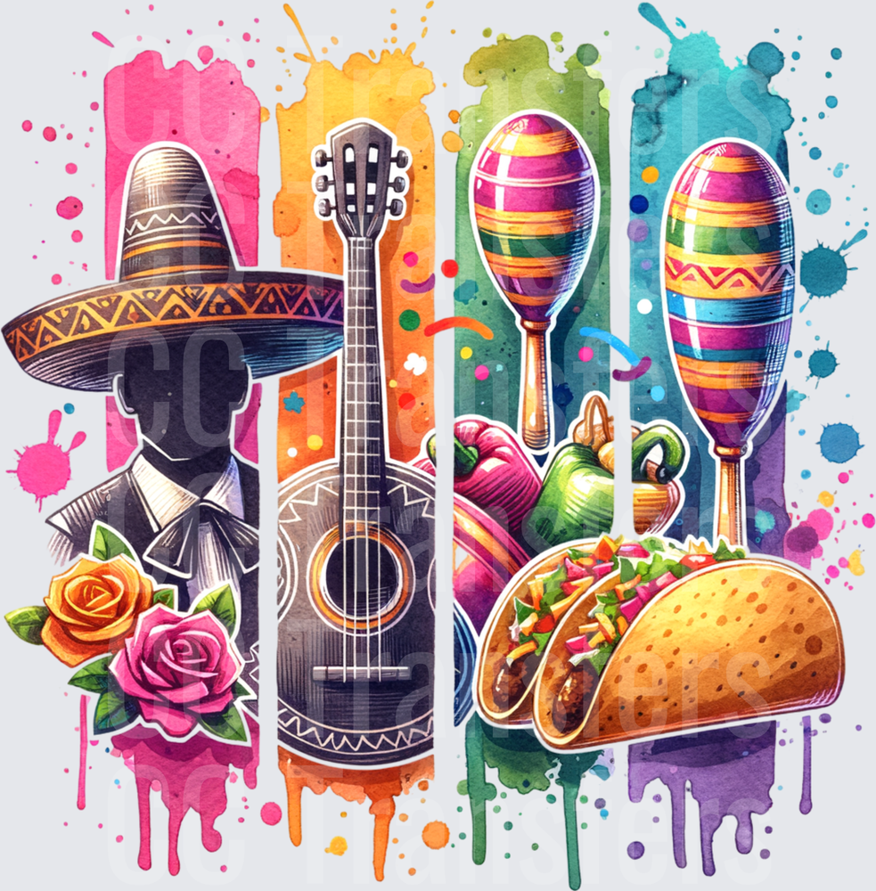 Fiesta Mariachi Sombrero Guitar Maracas Tacos Roses (DTF)