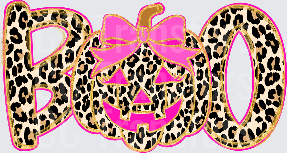 Leopard Print BOO Halloween Pumpkin Pink Bow (DTF)