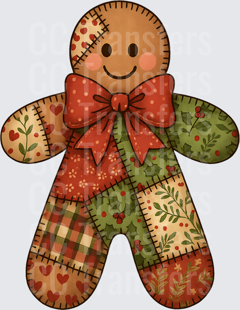 Patchwork Quilt Gingerbread Man with Red Bow (DTF)