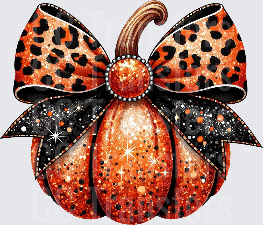 Glitter Pumpkin Leopard Print Bow Rhinestone Sparkle (DTF)