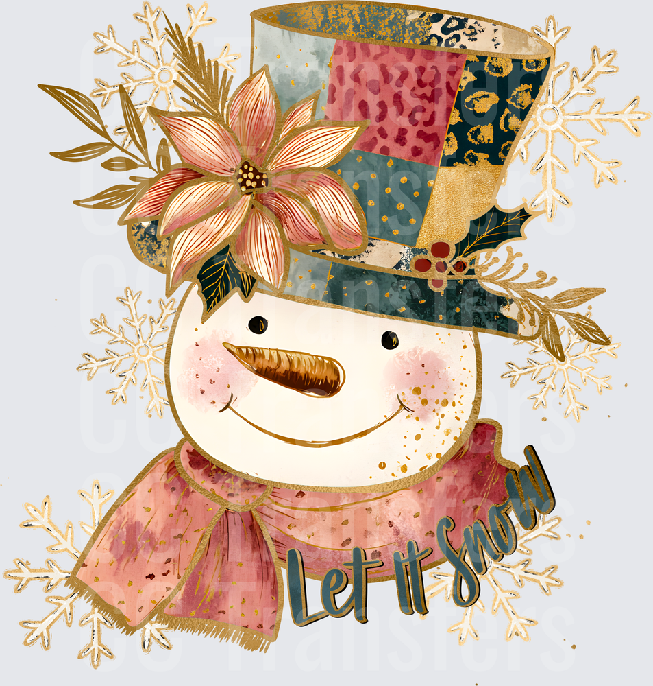 Boho Snowman Let It Snow Gold Snowflakes Poinsettia (DTF)