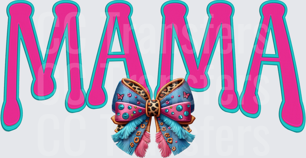 Mama Bold Pink Teal Lettering Embellished Bow (DTF)