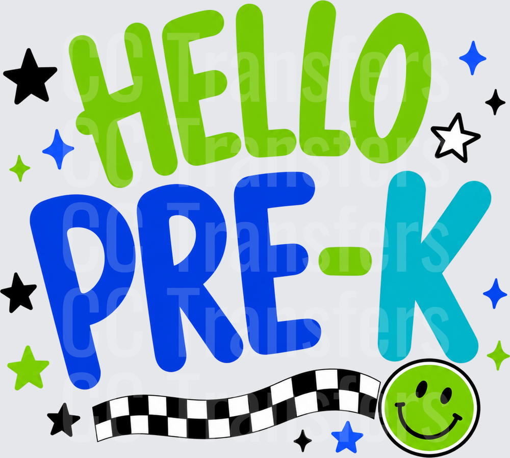 Hello Pre-K Bold Lettering Stars Smiley Face (DTF)