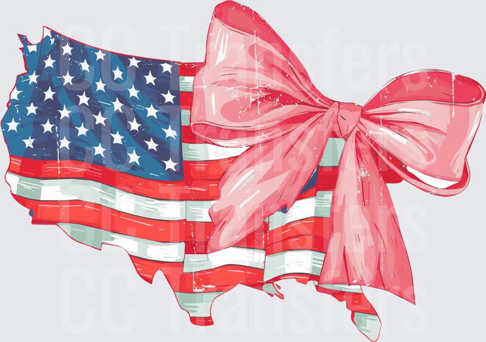 USA Map Flag with Pink Bow Distressed Patriotic (DTF)