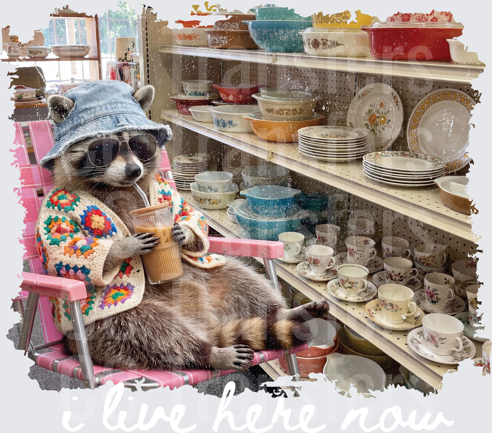 Thrift Store Raccoon Sipping Iced Coffee in Pink Chair (DTF)