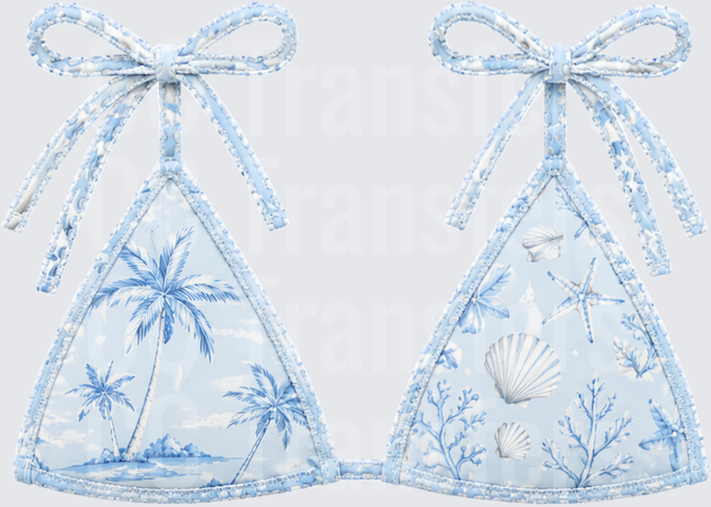 Light Blue Coastal Toile Triangle Bikini Top Design (DTF)
