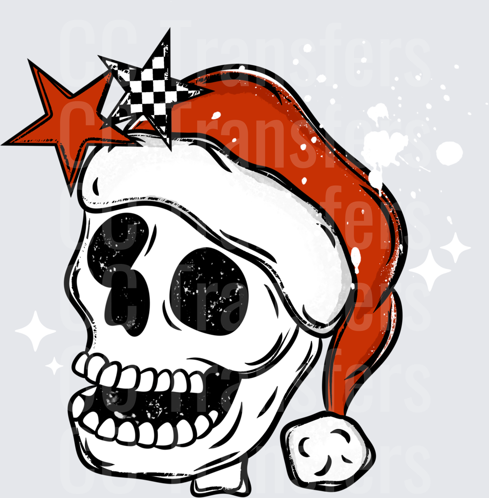 Grinning Skull Santa Hat Red Checkered Stars Christmas (DTF)