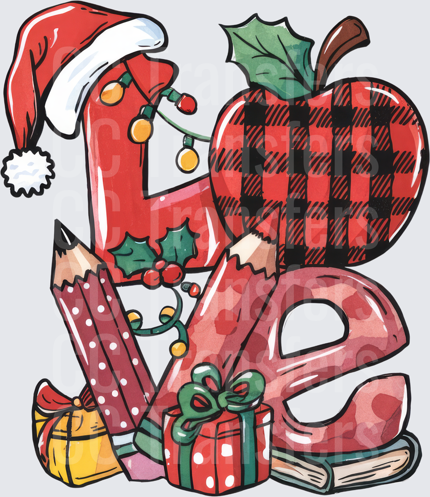 Christmas Teacher LOVE Letters Buffalo Plaid Apple (DTF)
