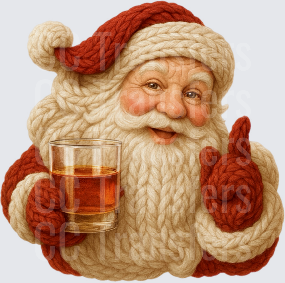 Knitted Santa Holding Whiskey Glass Thumbs Up (DTF)