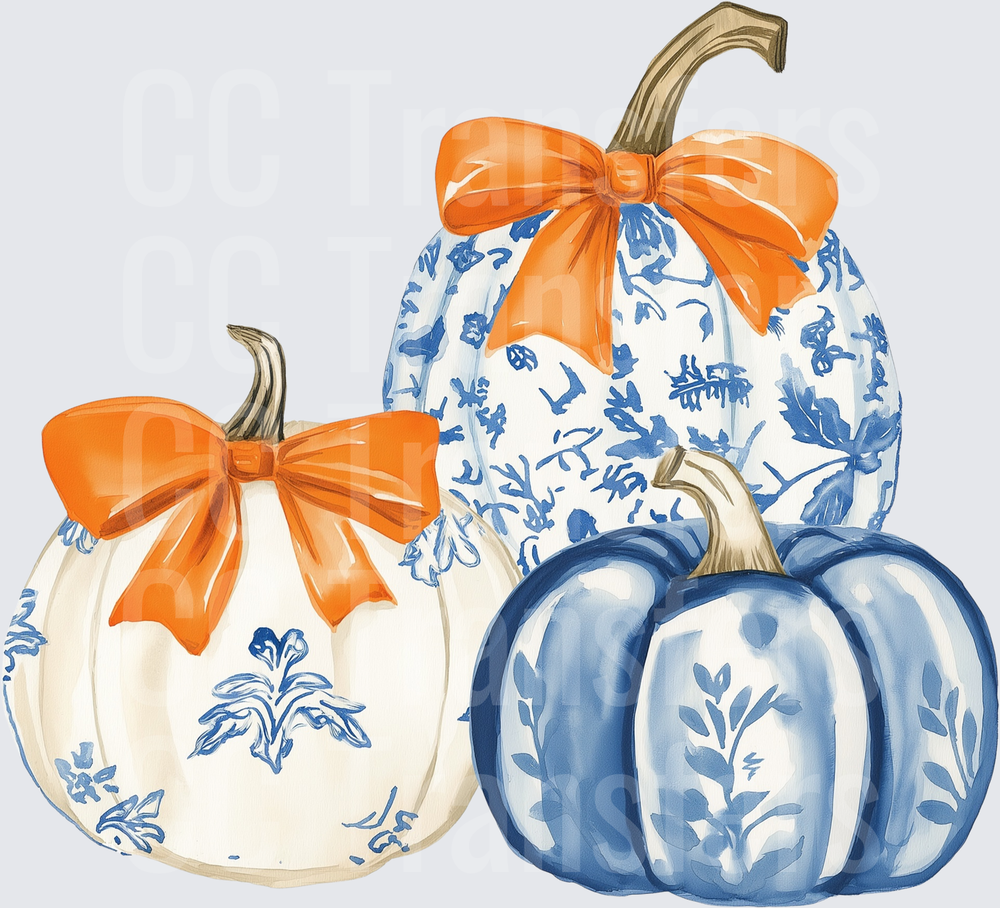 Blue and White Chinoiserie Pumpkins with Orange Bows (DTF)
